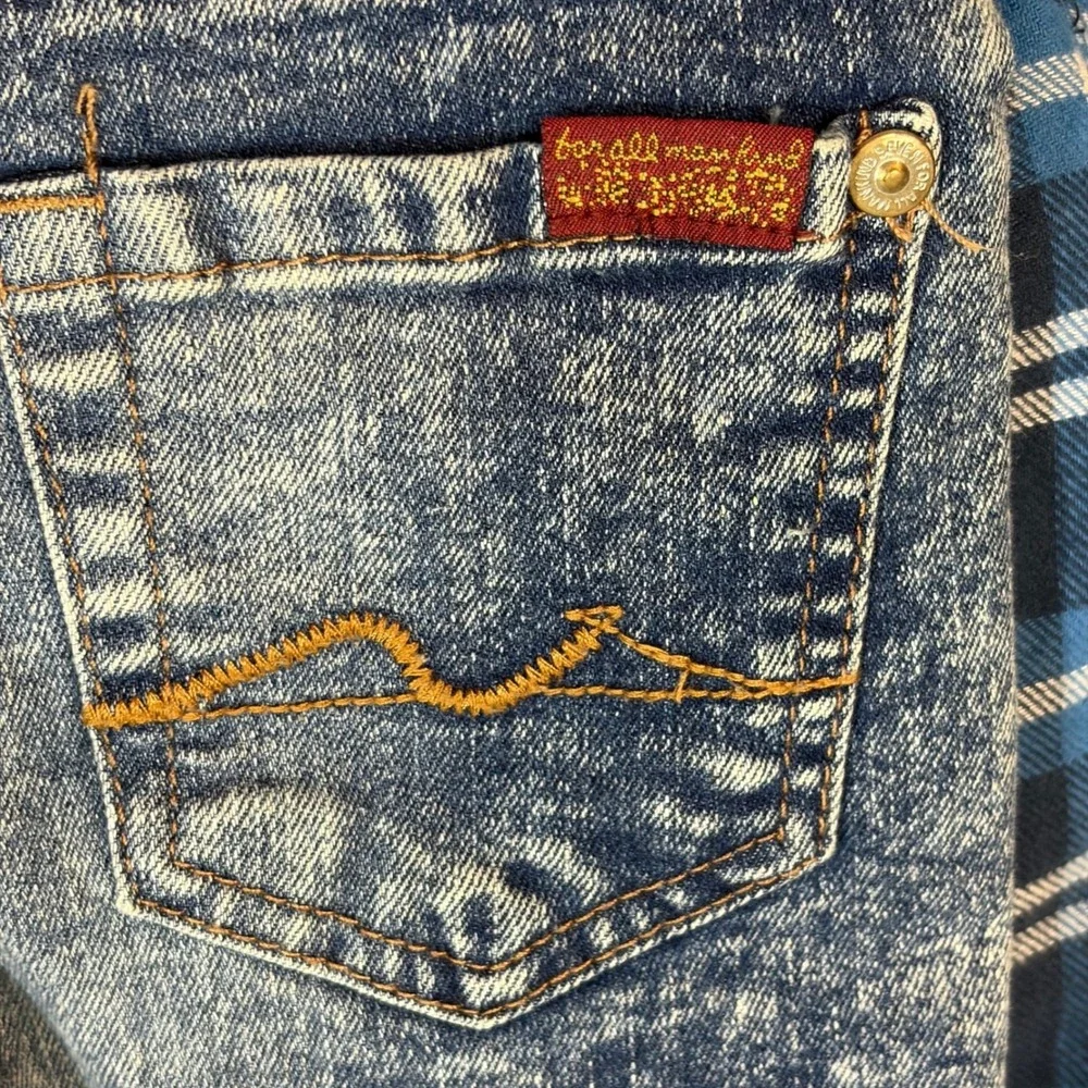7 For All Mankind TODDLER 4T Blue Plaid Quilted Shacket Acid Wash Jeans‎ 2pc Set